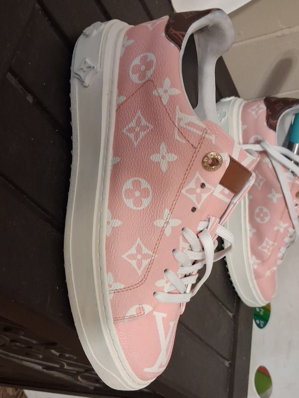 Louis Vuitton Pink and White Monogram Low-Top Sneakers with Brown Heel Accent